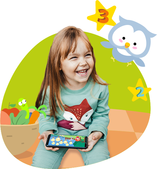 A white girl happy using a tablet with fluenkids 