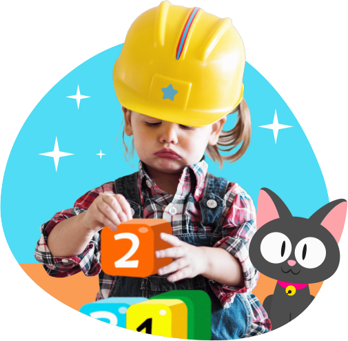 A child with a helmet, busy  and having fun with toys, cats and sparkles!
